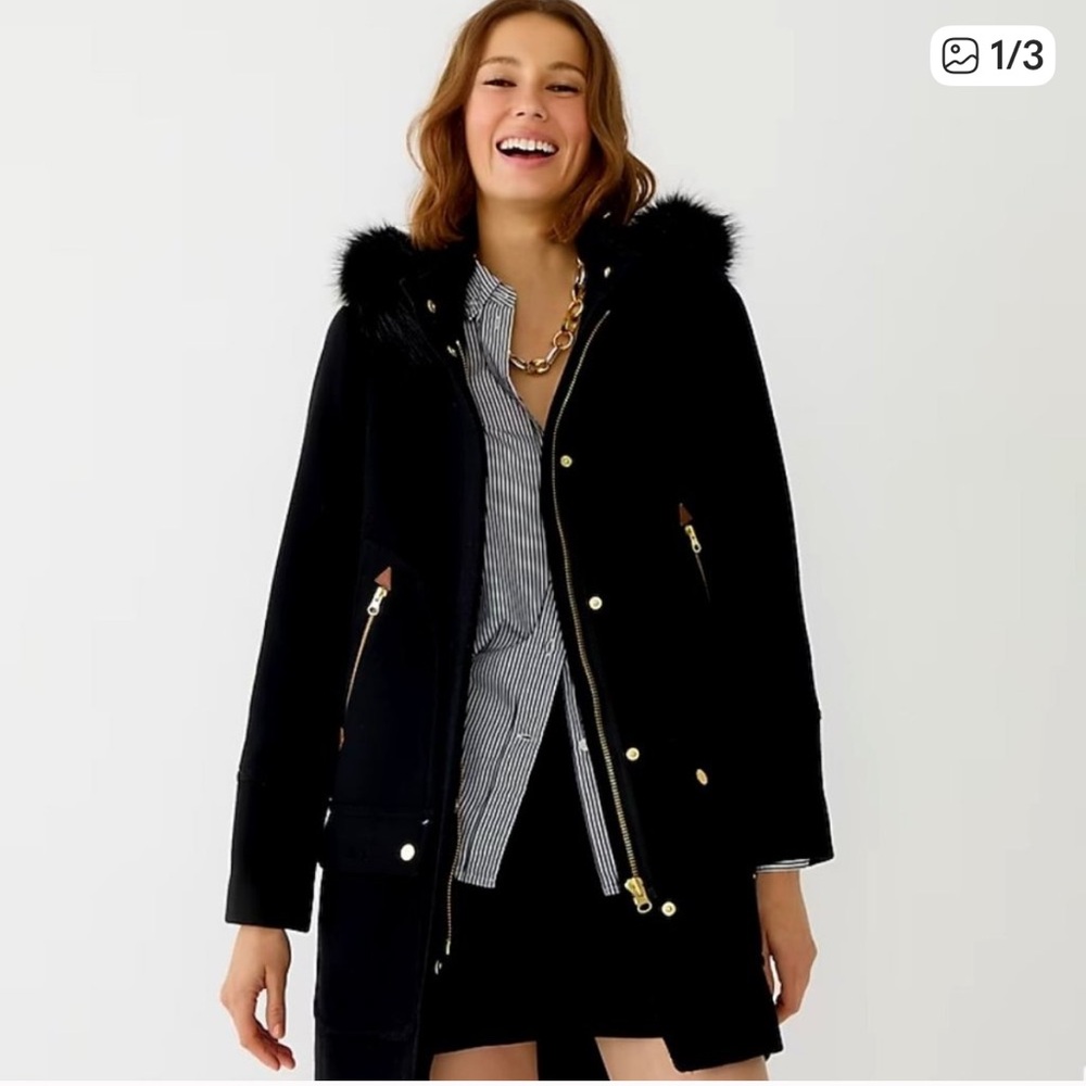 J.Crew Wool Chateau Parka Italian Stadium Cloth Hood Faux Fur Black Coat, Size 2